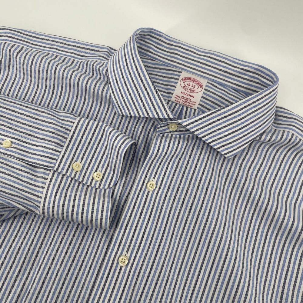 Brooks Brothers Dress Shirt Mens 19-35 Blue White Madison Non-Iron Cotton